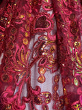 Magenta Gold Sequins Lace Fabric. 56” wide. BTY