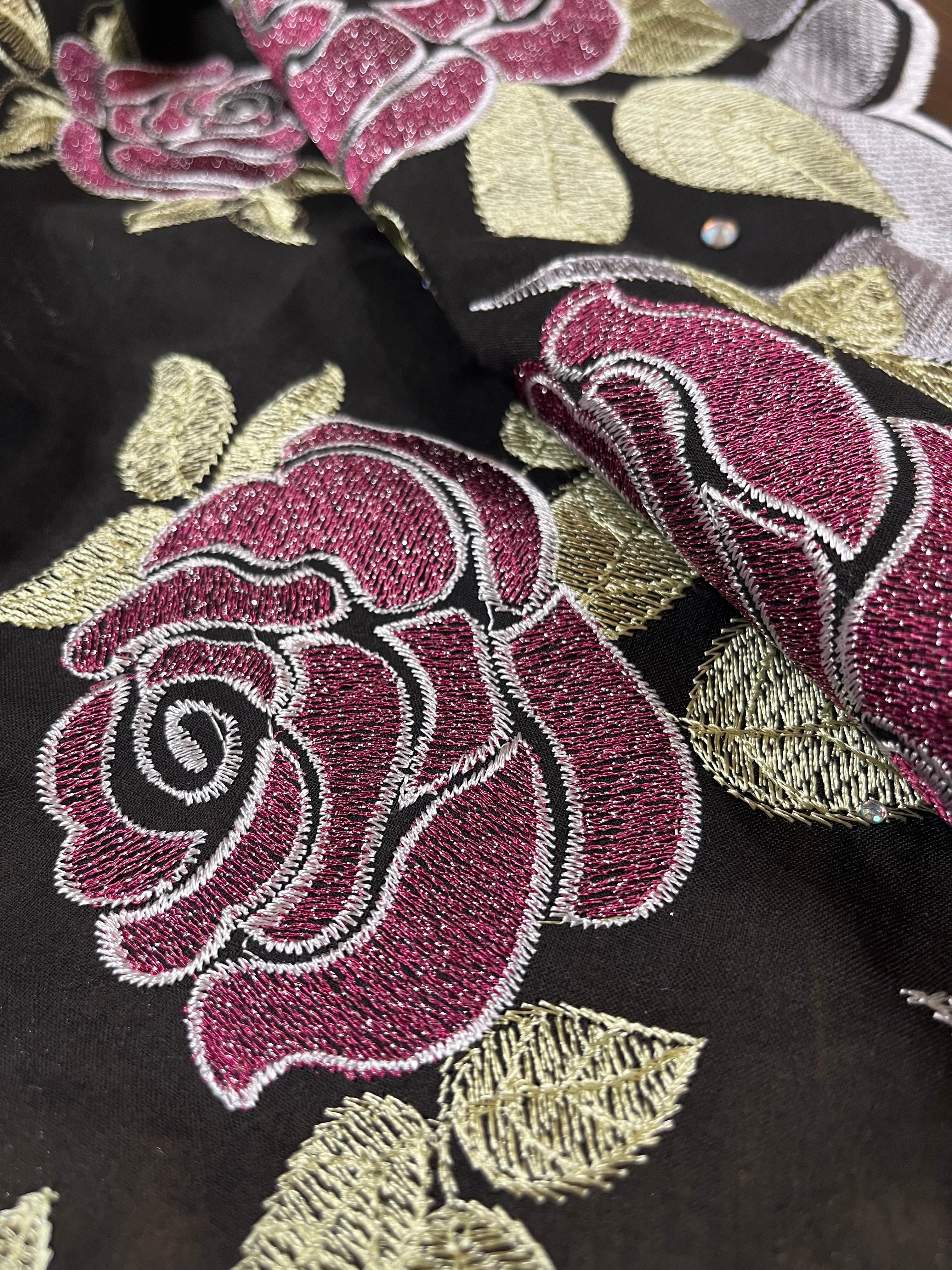 Obsidian Black Cotton with Embroidered Red Roses Cotton Fabric