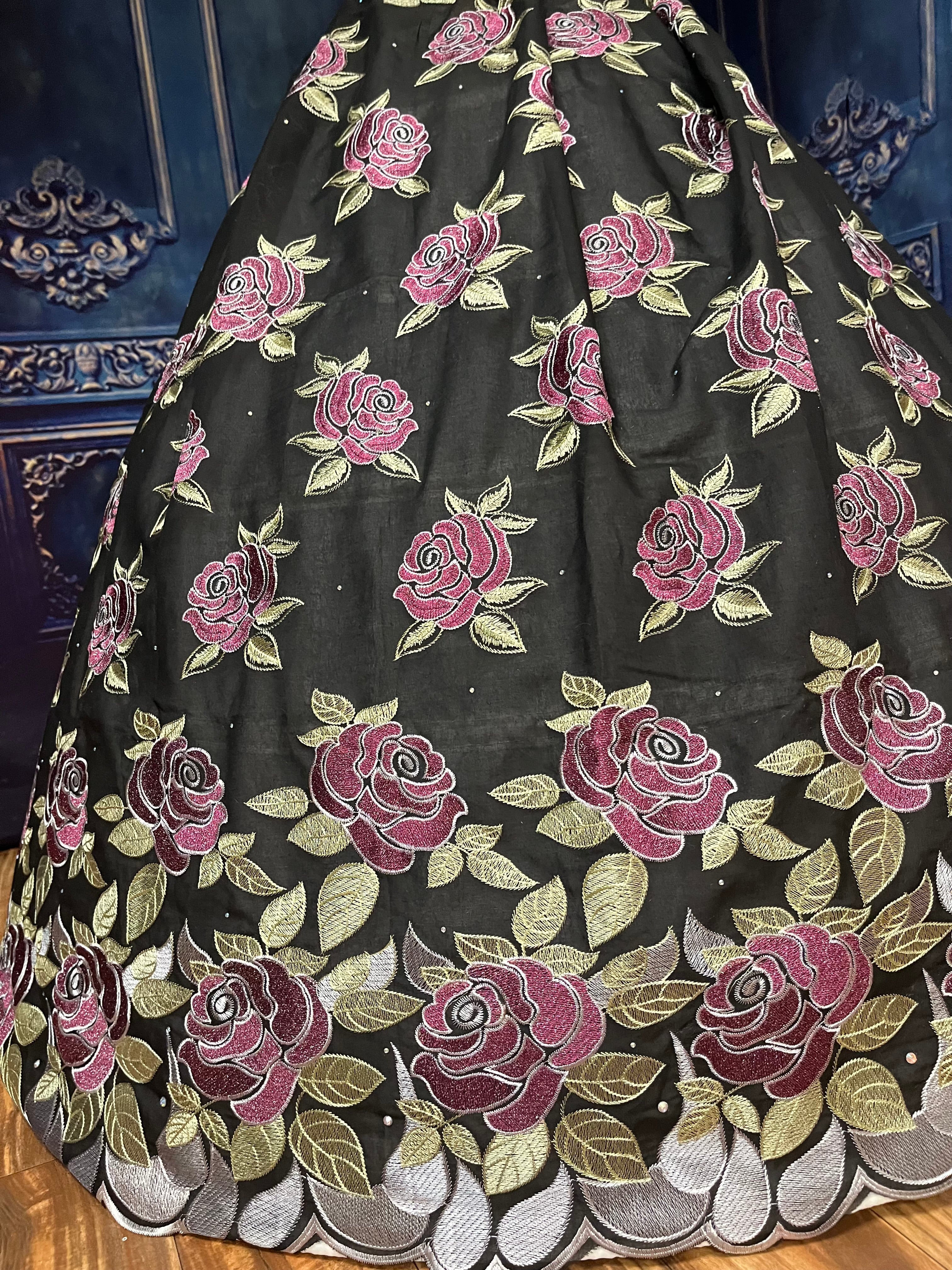 Obsidian Black Cotton with Embroidered Red Roses Cotton Fabric