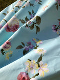 Cottage Chic Big White Roses on Blue Cotton. Victorian Romantic Shabby Chic Floral Cotton