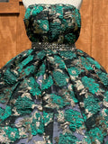 Metallic Gold & Dark Green Brocade on Organza Lace Fabric