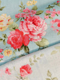 Victorian Romantic Blue with Delicate Pink Roses Cotton