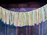 Sparkly green rag tie backdrop, ribbons, cotton,  lace Cottage chic event Garland. Farmhouse valance .