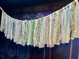 Sparkly green rag tie backdrop, ribbons, cotton,  lace Cottage chic event Garland. Farmhouse valance .