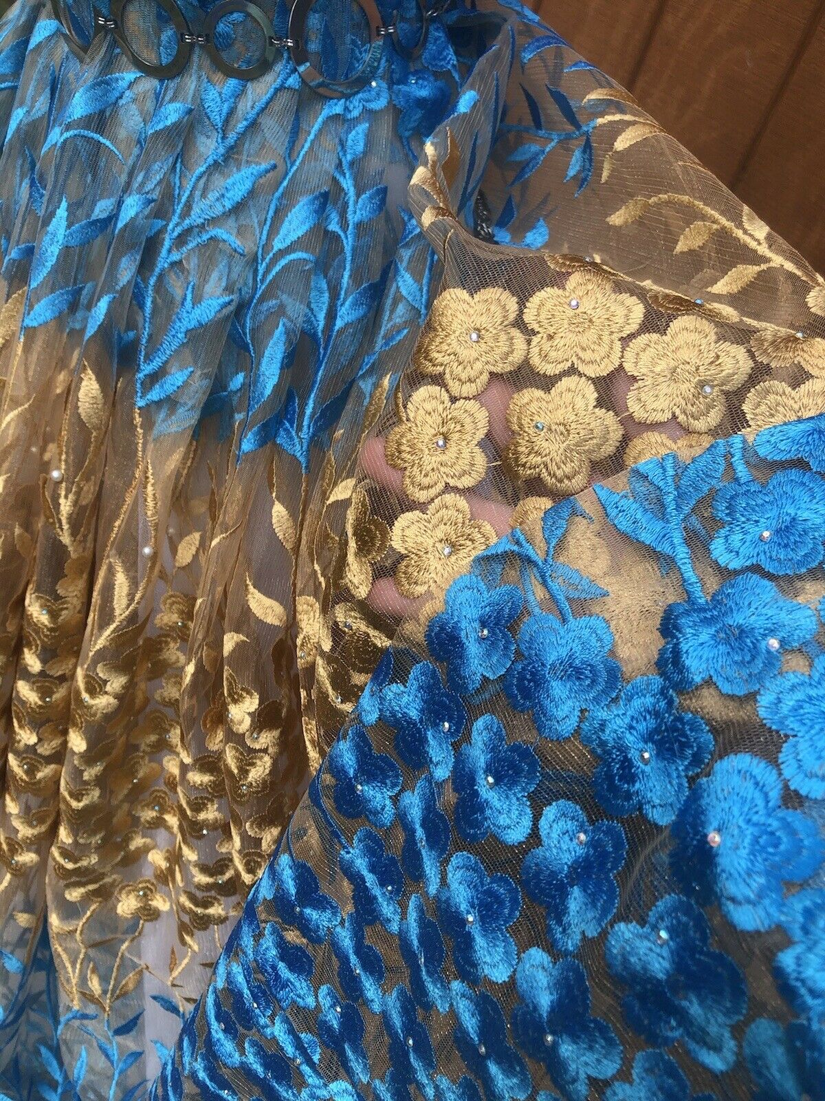 Blue And Gold Lace With Embroidered Flowers and Sparkly Beads Accents