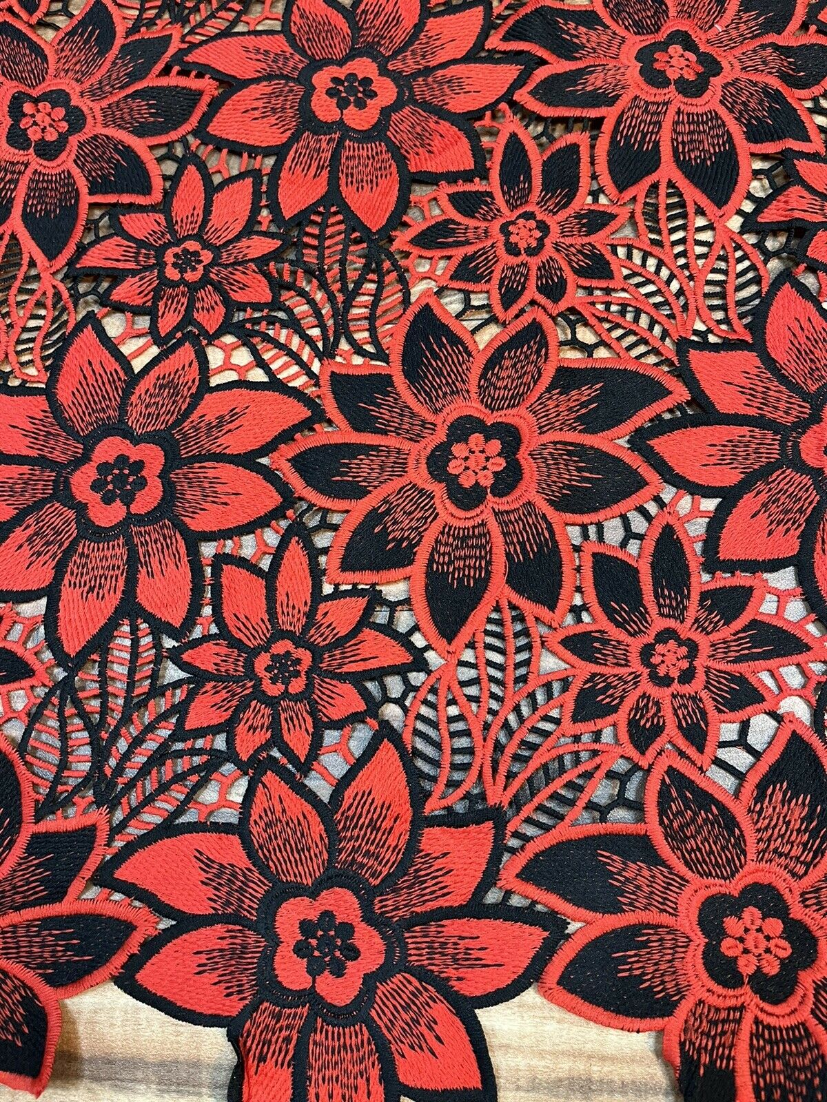 Floral Red and Black Crochet Cotton Lace with Scalloped Edges