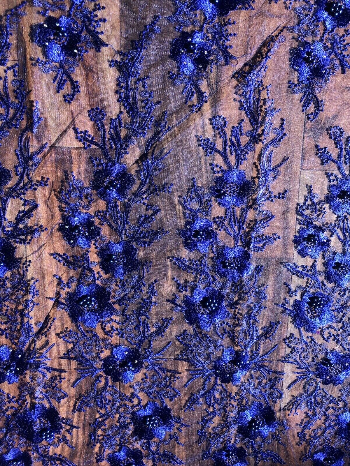 Embroidered Deep Blue Floral Lace Fabric with Pearls and Rhinestones