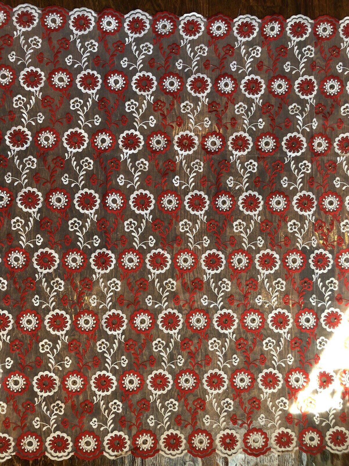 Red and White Floral Embroidered Lace Fabric with Rhinestones