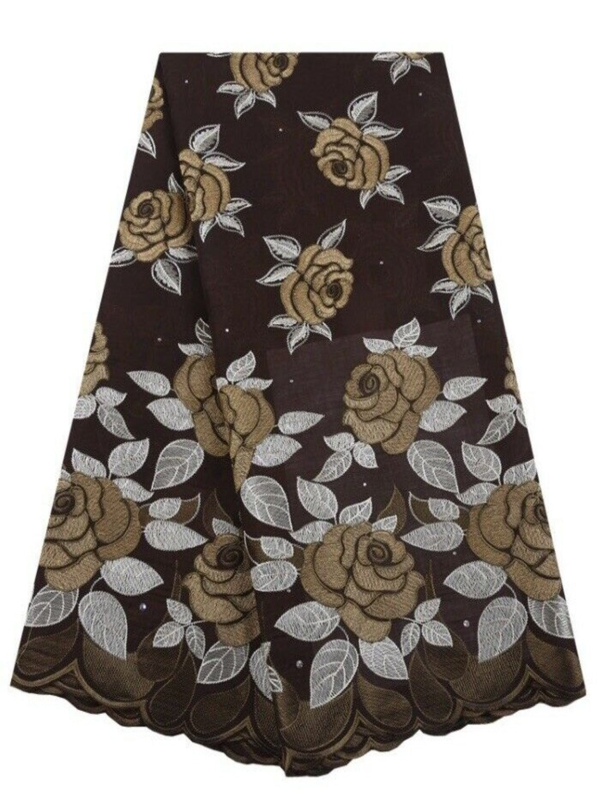 Brown Swiss Cotton with Gold Embroidered Flowers and Rhinestones