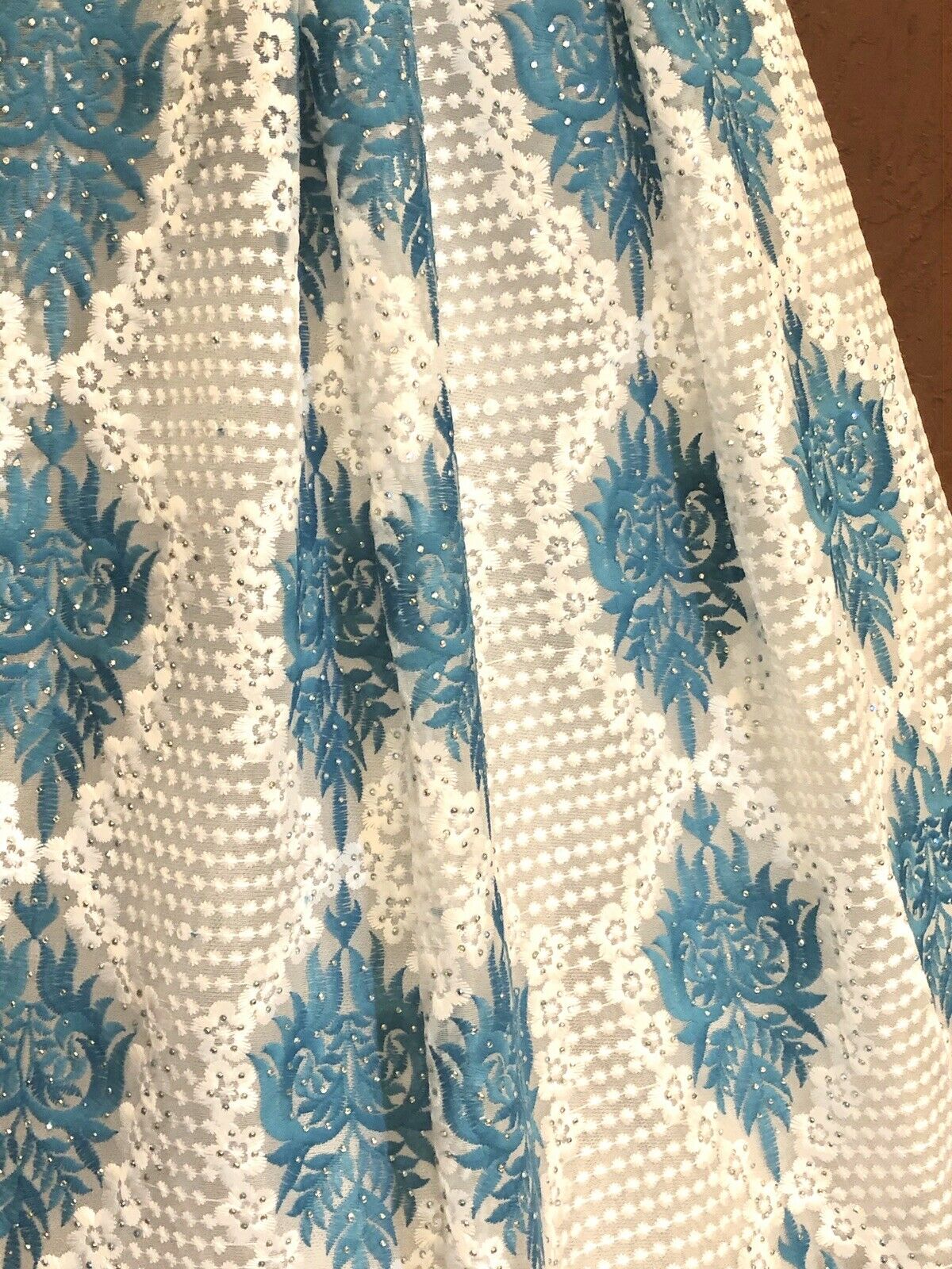 Teal and White Embroidered Sparkly Lace Fabric