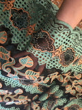 Teal Embroidered Lace Fabric with Pink Flower Accents and Rhinestones