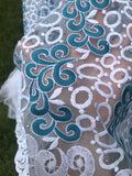 White And Teal Embroidered Lace Fabric