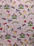 Pink Unicorn Rainbow Castle Cotton Fabric