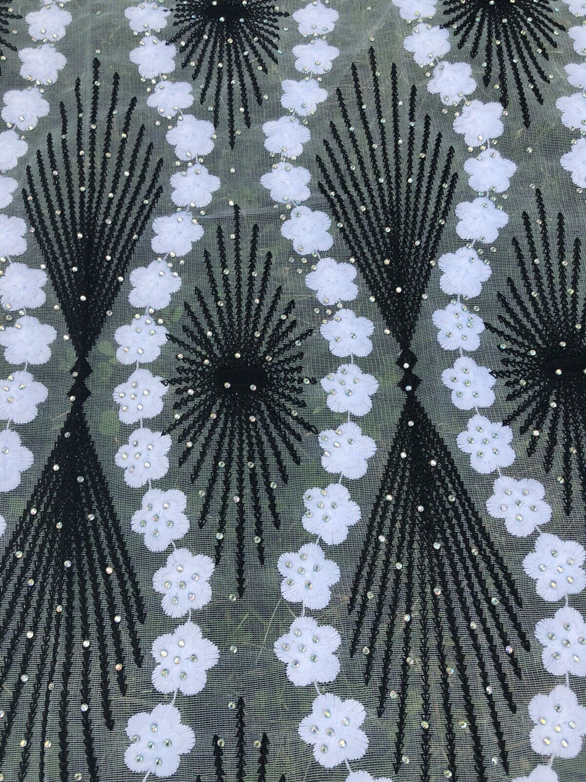 Black and White Embroidered Lace Fabric with Rhinestones