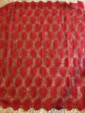 Red Floral Sparkly Embroidered Lace Fabric