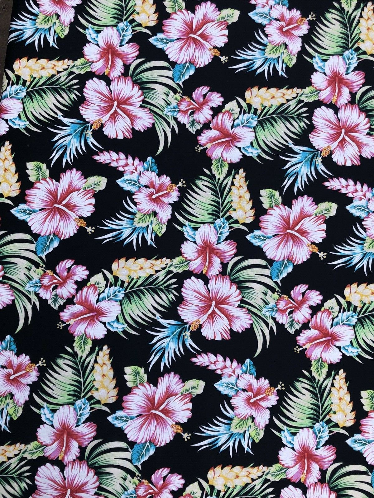Pink Hibiscus Flower On Black Cotton Fabric