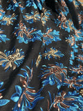 Midnight Black Cotton with Embroidered Blue and Gold Roses
