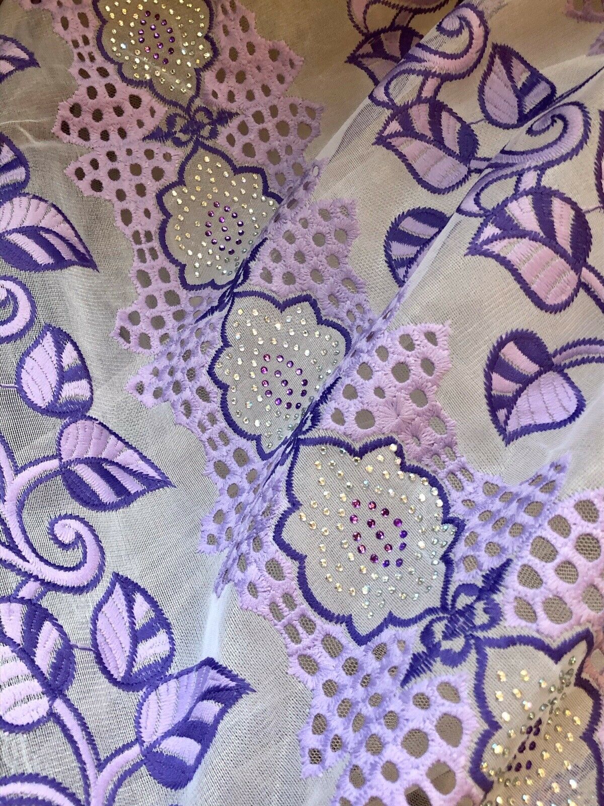 Lavender Purple Embroidered Floral Sparkly Lace Fabric
