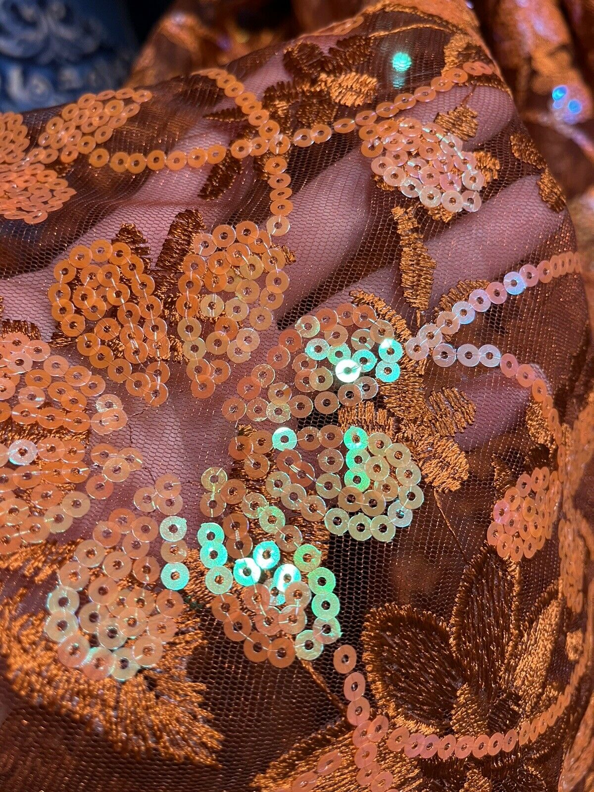 Embroidered Sequined Orange Holographic Lace