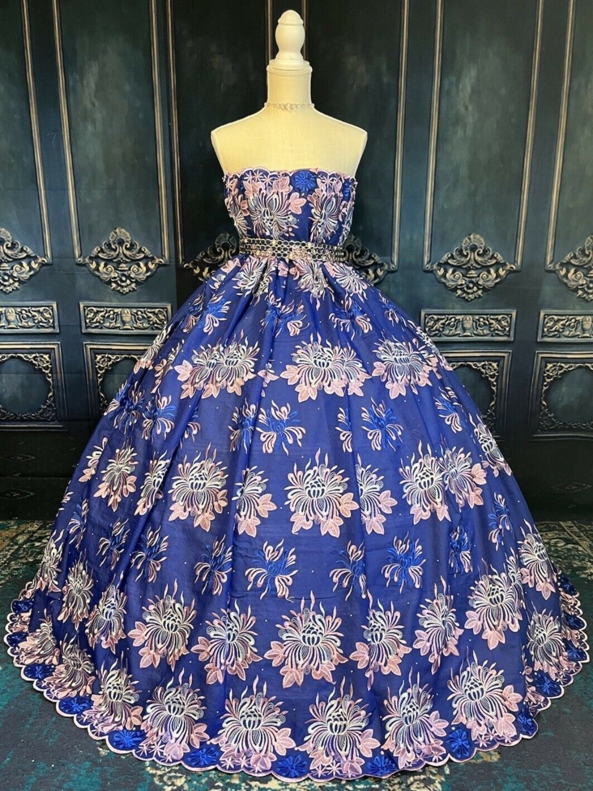 Royal Blue Embroidered Floral Cotton with Rhinestones