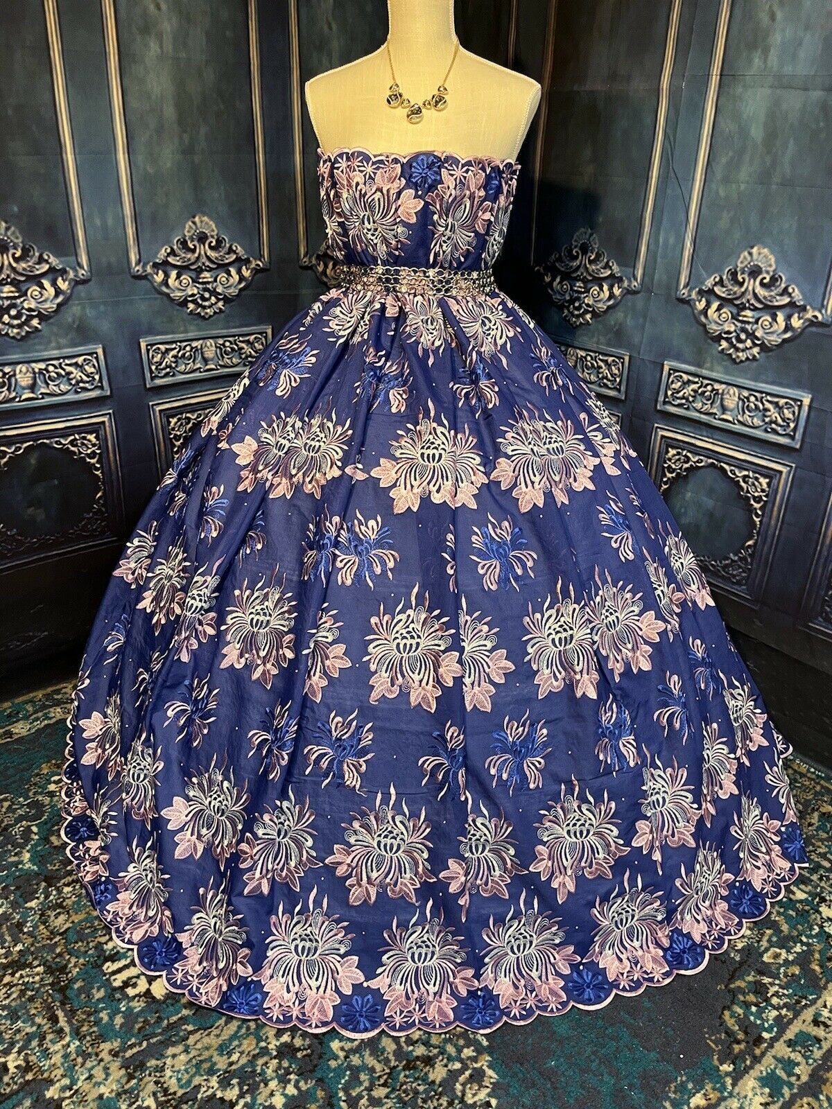 Royal Blue Embroidered Floral Cotton with Rhinestones