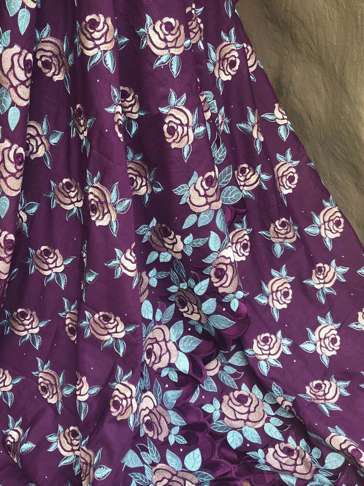 Purple Cotton with Embroidered Golden Roses and Rhinestones