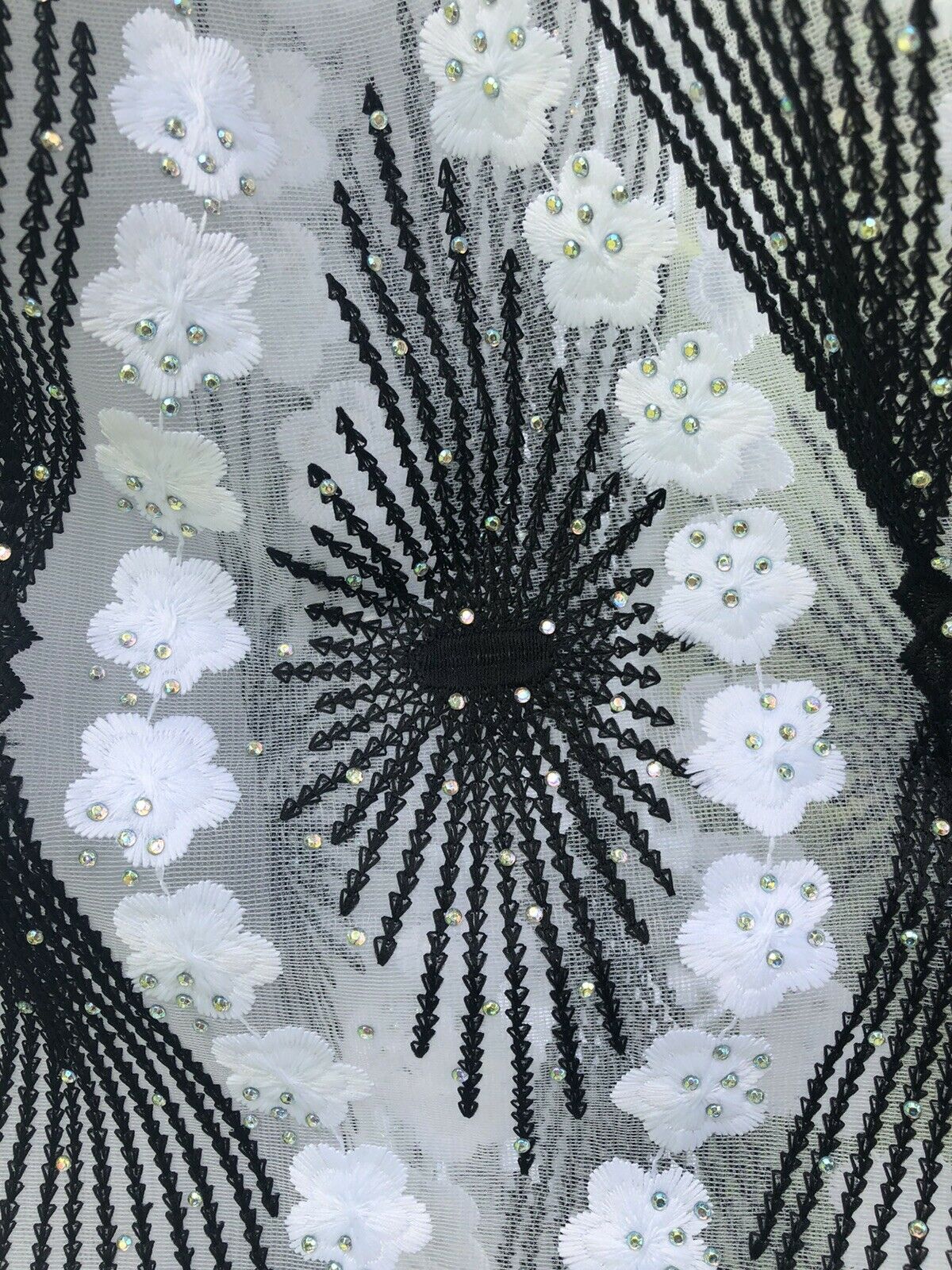 Black and White Embroidered Lace Fabric with Rhinestones