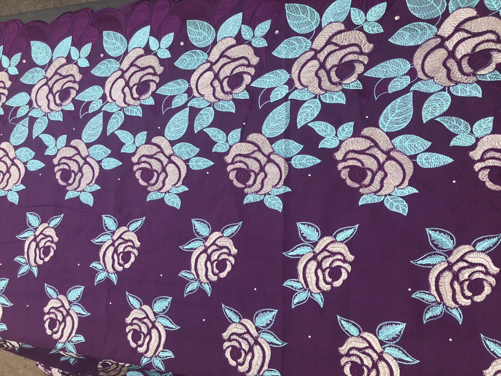 Purple Cotton with Embroidered Golden Roses and Rhinestones