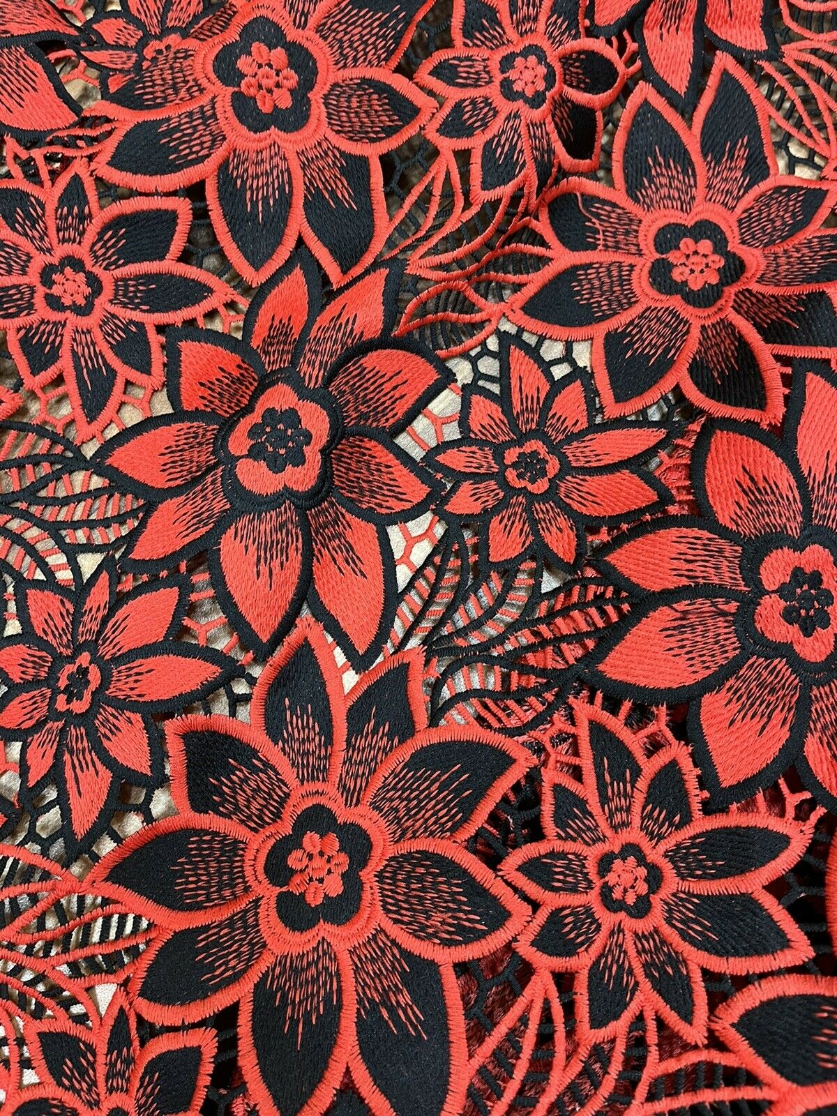 Floral Red and Black Crochet Cotton Lace with Scalloped Edges