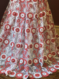 Red and White Floral Embroidered Lace Fabric with Rhinestones