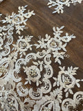 White Wedding Embroidered Sequined Lace with Pearl Accents
