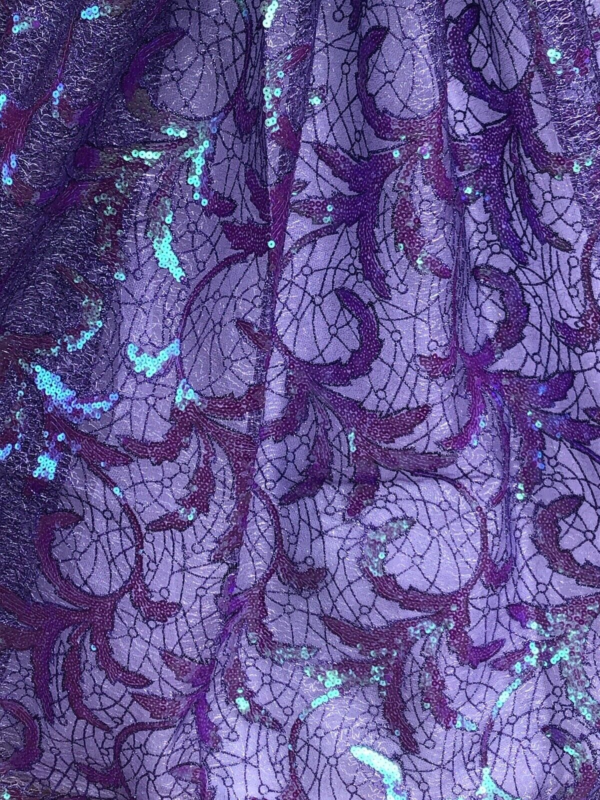 Holographic Floral Purple Sequins Lace Fabric