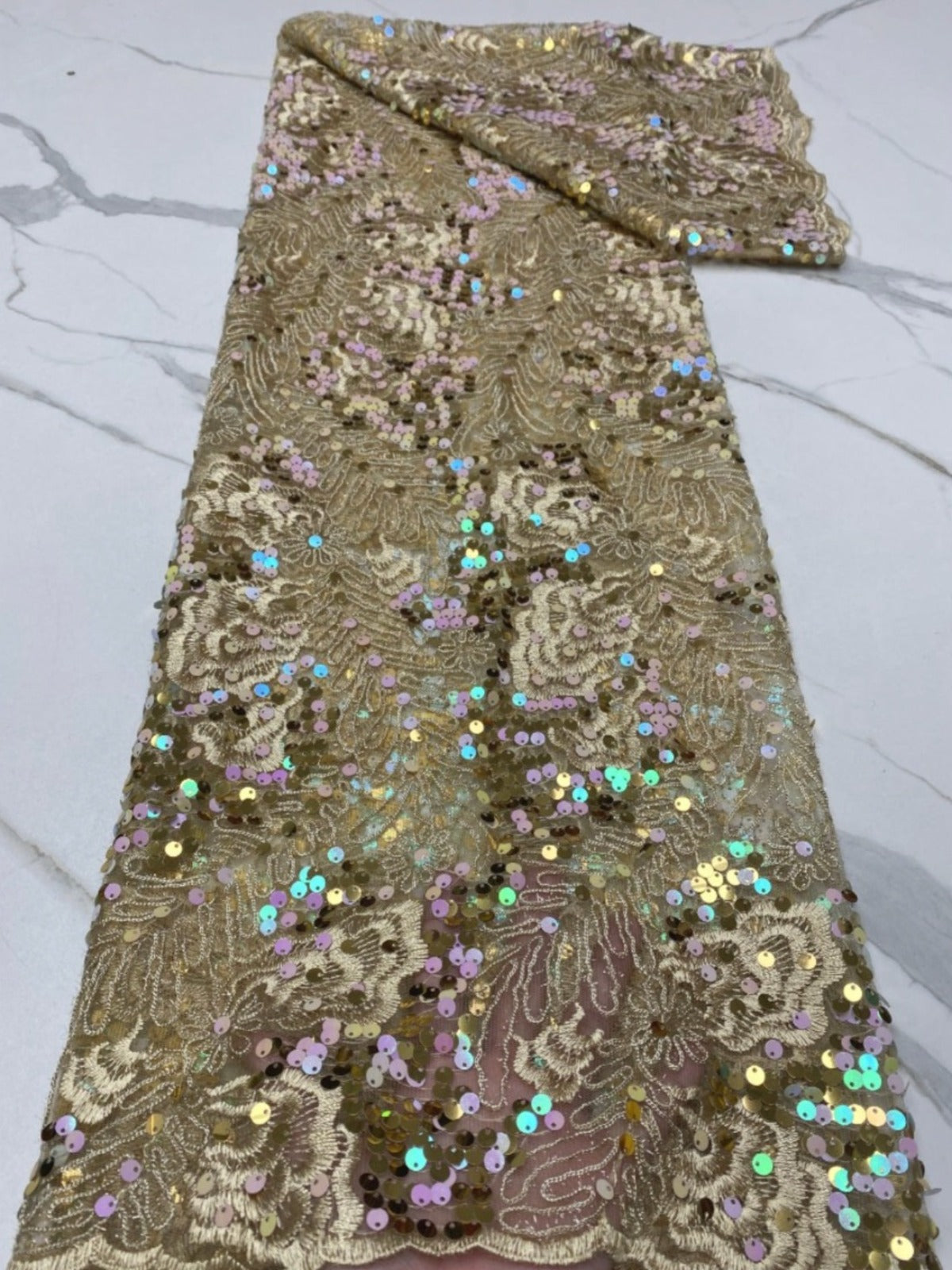 53" Wide Beige Holographic Floral Sequins Luxury Lace