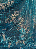 Blue Sparkly Floral Holographic Sequins Lace Fabric
