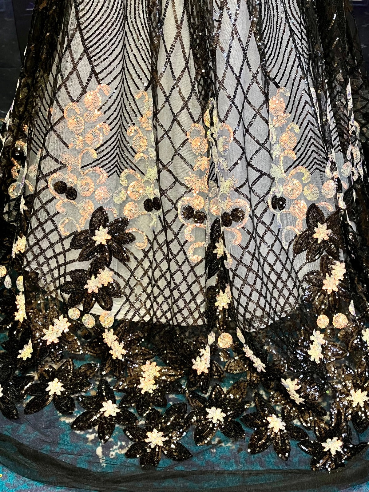 Black and White Sparkly Holographic Sequins Lace Fabric