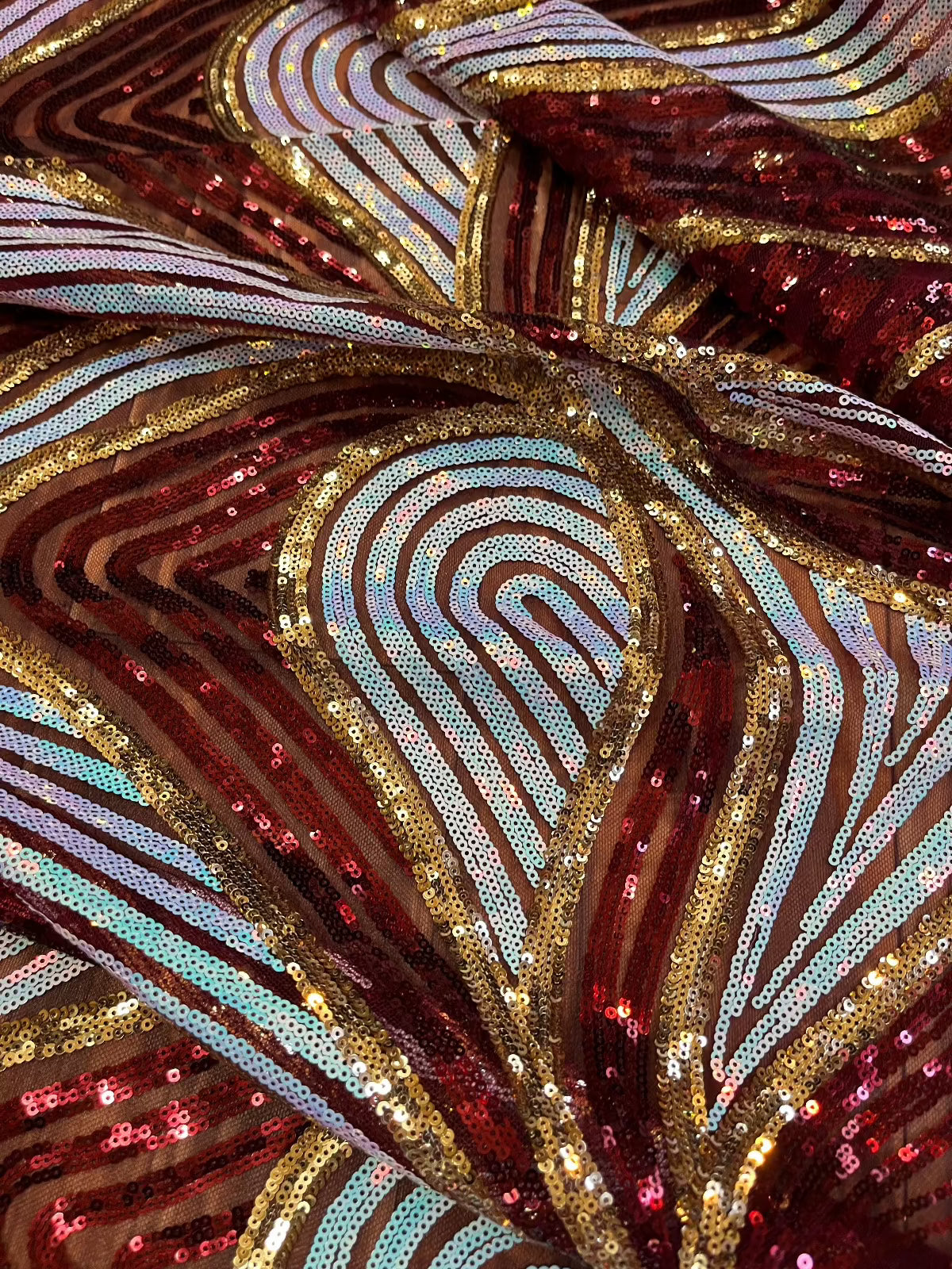 Crimson Red and White Holographic Sequined Lace