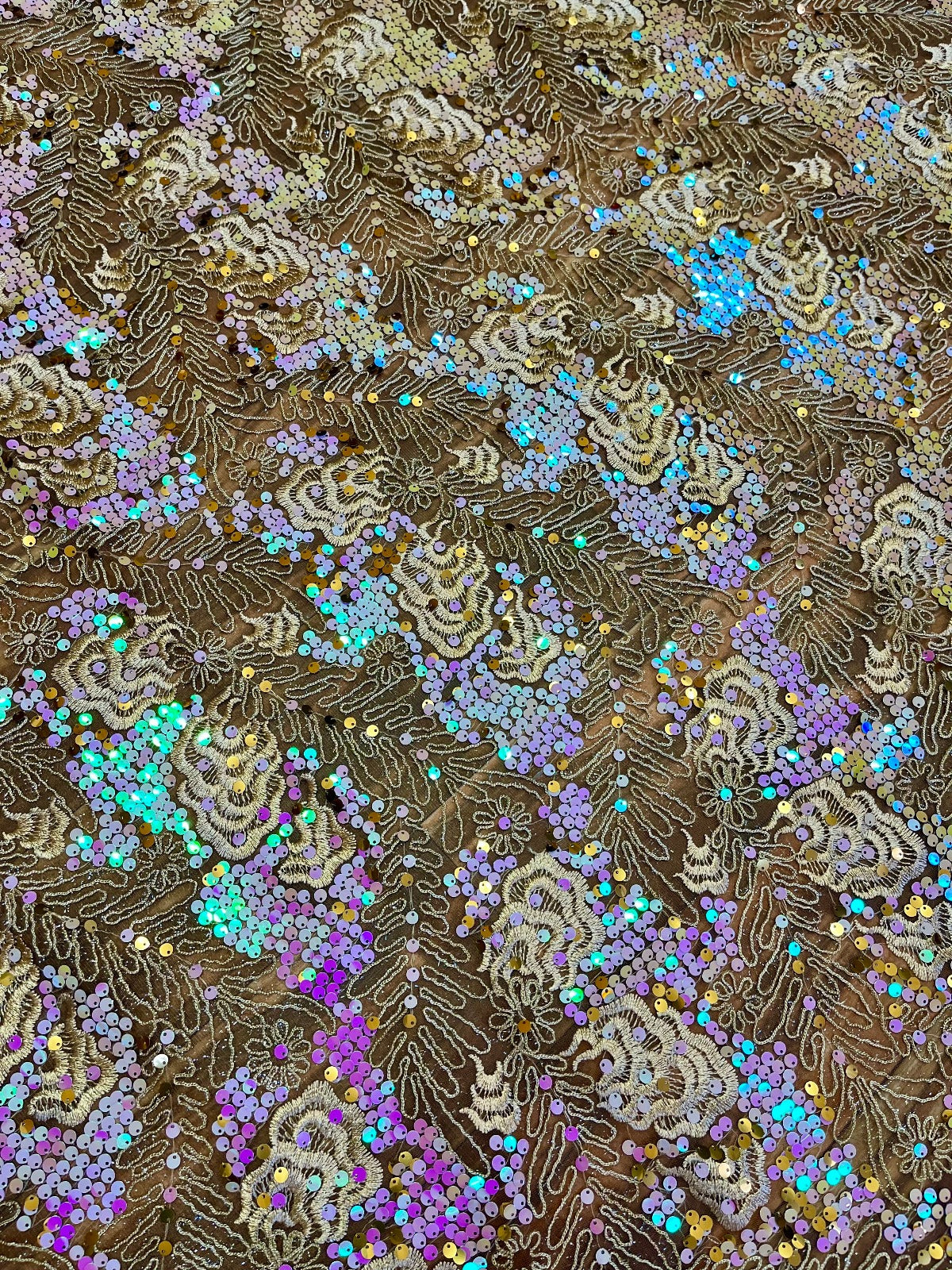 Sparkly Beige Holographic Floral Sequins Luxury Lace