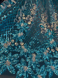 Blue Sparkly Floral Holographic Sequins Lace Fabric